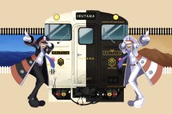 2boys absurdres black_coat black_footwear blue_necktie brothers coat emmet_(pokemon) gloves grey_eyes grey_hair guppyfish77 highres ingo_(pokemon) male_focus multiple_boys multiple_unit_train necktie nintendo open_mouth pokemon pokemon_bw siblings sideburns standing train translation_request twins white_coat white_footwear white_gloves window_blinds wipers