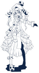 1girl arm_up black_outline dress full_body greyscale kneehighs looking_at_viewer mahou_shoujo_madoka_magica mahou_shoujo_oriko_magica monochrome mura_kuroe outline shadow socks solo twintails