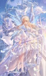 1girl artist_request bird blonde_hair blue_eyes blue_sky blue_wings bonnet breasts castle choker cleavage closed_mouth cloud collarbone cross cross_print crying crying_with_eyes_open dove dress eyelashes fairy fairy_wings feathers floating_hair flock flower frilled_sleeves frills full_body game_cg gown hand_on_own_chest hestia_(shining_nikki) heterochromia high_heels highres juliet_sleeves light_blush light_particles lipstick long_dress long_hair long_sleeves loose_hair_strand makeup neck_flower nikki_(series) official_art outdoors past_and_beyond_(shining_nikki) pink_lips pointy_ears puffy_sleeves pumps railing sad_smile see-through_clothes see-through_pantyhose see-through_sleeves shining_nikki shoes sky solo sparkle spiral_staircase stairs standing star_(symbol) star_print striped_clothes striped_dress sunset teardrop tears third-party_source train_(clothing) vertical-striped_clothes vertical-striped_dress white_bonnet white_choker white_dress white_flower white_shoes wings yellow_eyes