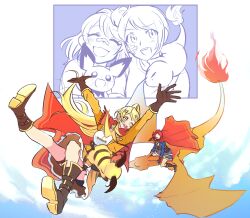2girls :d ^_^ age_progression bandaid bandaid_on_face bandaid_on_nose belt belt_boots blonde_hair blue_jacket blush_stickers boots brown_belt brown_boots brown_gloves brown_skirt cape charizard charmander closed_eyes commentary_request crossover dee0333 facing_another falling fingerless_gloves fire floating_hair flying frilled_skirt frills gauze gauze_on_cheek gen_1_pokemon gen_2_pokemon gloves hair_ornament high_ponytail holding holding_pokemon hug inset jacket kano_misora knee_up korean_commentary lapels layered_skirt leg_up long_hair long_sleeves looking_at_viewer looking_back medium_hair midair miniskirt multiple_girls nintendo no_eyes notched_lapels on_shoulder one_eye_closed ootsuki_aruru open_clothes open_jacket open_mouth orange_jacket outstretched_arms outstretched_hand partially_colored pichu pokemon pokemon_(creature) pokemon_on_shoulder ponytail purple_skirt raichu red_cape shirt short_sleeves shoujo_kageki_revue_starlight shoujo_kageki_revue_starlight_-re_live- side-by-side side_ponytail skirt sky smile star_(symbol) star_hair_ornament teeth thigh_belt thigh_strap upper_teeth_only white_shirt yellow_eyes
