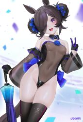 1girl alternate_costume alternate_hairstyle animal_ears bare_shoulders black_gloves black_leotard black_thighhighs blue_flower blue_gloves blue_rose blurry blush breasts brown_hair commentary_request confetti covered_navel crotch_zipper depth_of_field detached_sleeves double_bun flower frilled_sleeves frills gloves hair_bun hair_ornament hand_up head_tilt highleg highleg_leotard highres horse_ears horse_girl horse_tail leotard long_hair looking_at_viewer meme_attire open_mouth planted planted_umbrella purple_eyes race_queen rice_shower_(umamusume) rose see-through_clothes see-through_sleeves skindentation small_breasts smile solo tail teeth thighhighs thighs translucent_bunnysuit two-tone_gloves ugohato umamusume umbrella upper_teeth_only v