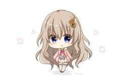 Rule 34 | 1girl, 9-nine-, a-pose, belt, blue eyes, blush stickers, bow, bowtie, brown hair, cardigan, chibi, chibi only, closed mouth, commentary, dress, full body, gear hair ornament, grey belt, hair between eyes, hair ornament, happy, kujou miyako, long hair, long sleeves, looking at viewer, open cardigan, open clothes, pink bow, pink bowtie, pink cardigan, school uniform, short dress, signature, simple background, smile, solo, standing, symbol-only commentary, tareme, thighhighs, ura (ura-tennislove), very long hair, white background, white dress, white thighhighs, wing hair ornament, zettai ryouiki