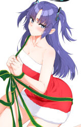 1girl absurdres alternate_costume bare_legs bare_shoulders blue_archive bound bound_wrists breasts cleavage collarbone dress fur-trimmed_dress fur_trim halo highres isocha long_hair looking_at_viewer medium_breasts purple_hair red_dress santa_costume santa_dress simple_background sitting solo strapless strapless_dress two_side_up very_long_hair wariza white_background yuuka_(blue_archive)