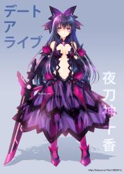 1girl armor armored_boots bad_id bad_pixiv_id black_gloves black_hair boots bow breasts cleavage date_a_live dress elbow_gloves female_focus gloves grey_background hair_between_eyes hair_bow holding holding_sword holding_weapon long_hair looking_at_viewer medium_breasts midriff navel purple_bow purple_dress purple_eyes purple_thighhighs red_boots see-through_clothes sleeveless sleeveless_dress solo standing stomach sword thighhighs trianon very_long_hair watermark weapon web_address yatogami_tohka yatogami_tohka_(true_form)