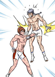 2boys abs ball_busting elbowing fingerless_gloves gloves multiple_boys ocigart toeless_legwear white_gloves