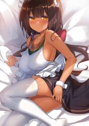 1girl bare_arms bare_shoulders bed_sheet black_hair blush breasts closed_mouth commentary_request dark-skinned_female dark_skin highres kuan_wei_lin lady_and_the_papyrus large_breasts long_hair looking_at_viewer lying maid maid_headdress nephthys_(lady_and_the_papyrus) second-party_source sideboob sleeveless solo thighhighs white_thighhighs white_wrist_cuffs wrist_cuffs yellow_eyes zettai_ryouiki