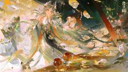 Rule 34 | 4girls, absurdres, architecture, bracelet, candy apple, cat, chinese commentary, commentary request, copyright name, east asian architecture, food, fox mask, hair ornament, head rest, highres, holding, holding food, holding mask, japanese clothes, jewelry, kinnara (onmyoji), lantern, long hair, mask, multiple bracelets, multiple girls, night, official art, onmyoji, outdoors, pastry, shang fa, very long hair, wide sleeves, writing