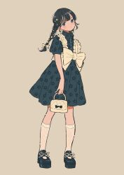 1girl bag black_hair blue_dress bow braid breasts closed_mouth dress floral_print grey_eyes highres holding inoue_haruka_(haruharu210) kneehighs long_hair original short_sleeves socks solo standing white_bow white_socks