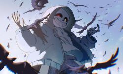 1boy black_shorts blue_jacket forut_dondon grin highres hood hood_up jacket looking_at_viewer male_focus red_eyes sans_(undertale) shirt shorts skeleton smile solo teeth undertale white_shirt