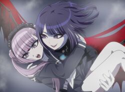 Rule 34 | 1boy, 1girl, brother and sister, carrying, carrying person, highres, long hair, matching hair/eyes, open mouth, pink eyes, pink hair, purple eyes, siblings, the hundred line -last defense academy-, tsukumo ima, tsukumo kako, twins, twintails, wings
