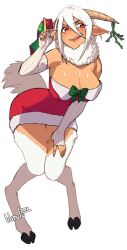 Rule 34 | 1girl, 2018, :q, animal ears, animal legs, artist name, blush, bow, breasts, brown horns, cleavage, clip studio paint (medium), closed mouth, commentary, condom, condom packet strip, condom wrapper, dark-skinned female, dark skin, dress, elbow gloves, english commentary, fingerless gloves, full body, fur-trimmed dress, fur trim, gloves, goat ears, goat girl, goat horns, goat tail, green bow, hair between eyes, holding, holding condom, hooves, horizontal pupils, horn ornament, horns, large breasts, leaning forward, lilirulu, long bangs, looking afar, mistletoe, monster musume no iru nichijou, pointy ears, red dress, red eyes, saane (monster musume), satyr, short hair, simple background, smile, solo, strapless, strapless dress, striped clothes, striped gloves, tongue, tongue out, transparent background, white gloves, white hair