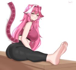 1girl animal_ears ass bare_shoulders barefoot black_pants breasts choker closed_mouth commentary hair_intakes highres hololive hololive_english huge_breasts long_hair looking_at_viewer median_furrow multicolored_hair panther_ears panther_girl panther_tail pants pink_choker pink_hair pink_sports_bra raora_panthera senpaisif signature simple_background sitting smile solo sports_bra spread_legs streaked_hair tail two-tone_hair virtual_youtuber white_background white_hair yellow_eyes