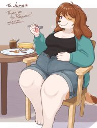! 1girl animal_ears animal_nose barefoot border breasts brown_hair brown_tail chair cleavage closed_mouth collarbone commentary commission commissioner_name dated english_commentary english_text fat food fork furry gomuhimo_(nawataro) grey_shorts highres holding holding_fork large_breasts long_sleeves looking_at_viewer medium_hair one_eye_closed original paw_print pawpads puff_of_air purple_eyes shorts signature simple_background sitting skeb_commission solo table tail thick_thighs thighs unbuttoned white_border white_fur