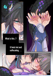 2girls absurdres aqua_eyes bare_shoulders bead_necklace beads black_hair blue_gloves cesar_zebrah closed_eyes commentary english_commentary gloves grey_hair herta_(honkai:_star_rail) highres honkai:_star_rail honkai_(series) jewelry multiple_girls nail_polish necklace open_mouth pink_nails restrained ruan_mei_(honkai:_star_rail) snake the_herta_(honkai:_star_rail) yuri