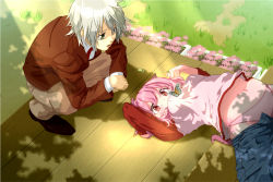 1boy 1girl akahane_daisuke animal_ears arched_back bad_id bad_pixiv_id breasts bug butterfly cat_ears cat_tail bug lying on_back original panties pink_eyes pink_hair porch skindentation squatting tail underwear wardrobe_malfunction