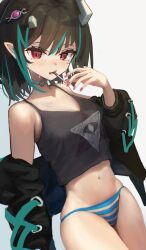 1girl adapted_costume black_hair black_jacket black_tank_top blue_hair blue_panties breasts choker cigarette commentary_request cowboy_shot demon_girl demon_horns dutch_angle eye_hair_ornament eye_of_providence grey_background grey_choker highres horns jacket jacket_partially_removed looking_at_viewer medium_breasts multicolored_hair nanashi_inc. no_pants panties pointy_ears red_eyes shishio_chris shishio_chris_(3rd_costume) simple_background solo striped_clothes striped_panties tank_top two-tone_hair underwear virtual_youtuber wasabifu white_panties