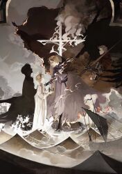 3boys aged_down armor axis_powers_hetalia blonde_hair candlestand cape child cloud cloudy_sky cross denmark_(hetalia) hair_ornament hairclip highres holding holding_candlestand holding_sword holding_weapon iceland_(hetalia) latin_cross male_focus multiple_boys musan312 norway_(hetalia) robe ship sky sword viking water watercraft weapon