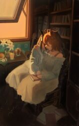 Rule 34 | 2girls, absurdres, agnes tachyon (umamusume), ahoge, animal ears, black hair, blue cardigan, blue shirt, book, book on lap, bookshelf, bra strap, brown hair, cabinet, cardigan, chair, closed eyes, closed mouth, cup, drinking straw, ear ornament, ear tag, earrings, grey hair, guitar, hair between eyes, highres, horse ears, horse girl, ice, instrument, jewelry, long bangs, long hair between eyes, long sleeves, manhattan cafe (umamusume), medium hair, multicolored hair, multiple girls, off-shoulder shirt, off shoulder, on chair, open cardigan, open clothes, open window, plate, shirt, shirt tucked in, single earring, single off shoulder, sitting, skirt, sleeveless, sleeveless shirt, smile, sugar cube, umamusume, venturitube, white shirt, white skirt, window, yellow skirt, yuri