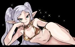 1girl alternate_costume artist_name bikini black_background breasts commentary earrings elf english_commentary eyelashes feet_out_of_frame frieren full_body gold_bikini gold_choker gold_earrings golden_week golden_week_bikini green_eyes hand_on_own_cheek hand_on_own_face head_on_hand head_rest jewelry long_hair long_pointy_ears looking_at_viewer lying navel on_side parted_bangs pointy_ears simple_background small_breasts smile solo sousou_no_frieren sparkle swimsuit thighs twintails twitter_username wanderjegson white_hair