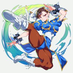 Rule 34 | 1girl, absurdres, ass, atomicmrshmallw, blue dress, boots, bracelet, breasts, brown eyes, brown hair, bun cover, capcom, china dress, chinese clothes, chun-li, curvy, double bun, dress, earrings, eyeshadow, flying kick, full body, gold trim, hair bun, highres, jewelry, jumping, kicking, large breasts, makeup, pantyhose, pelvic curtain, red eyeshadow, sash, solo, spiked bracelet, spikes, street fighter, white boots, white sash, wide hips
