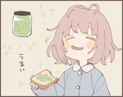 Rule 34 | 1girl, = =, antenna hair, blue shirt, blush stickers, border, bread, bread slice, brown border, brown hair, buttons, collared shirt, commentary request, contrast collar, food, grey background, highres, holding, holding food, jar, long sleeves, namori, open mouth, original, shirt, short hair, simple background, smile, solo, sparkle, toast, translated, upper body