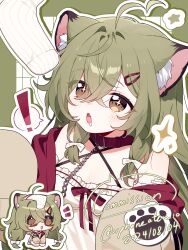 ! 1girl ahoge animal_ear_fluff animal_ears artist_name bare_shoulders blush bow breasts brown_eyes brown_jacket cat_ears cat_girl chain chain_leash chibi chibi_inset cleavage collar commentary commission crossed_bangs dated double-parted_bangs drooling english_commentary green_hair hair_between_eyes hair_bow hair_ornament hairclip highres jacket leash long_hair long_sleeves multicolored_jacket multiple_views open_mouth original orphaneater_io red_collar red_jacket red_ribbon ribbon saliva shirt socks sparkle sparkling_eyes spoken_exclamation_mark star_(symbol) two-tone_jacket unworn_socks white_bow white_shirt white_socks