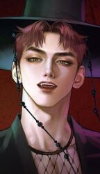 1boy abby_(kpop_demon_hunters) aegyo_sal black_hanbok carolart0613 fangs gat_(hat) gatkkeun hanbok hat korean_clothes korean_traditional_hat kpop_demon_hunters lips looking_at_viewer male_focus nose open_mouth parted_bangs pink_hair portrait short_hair slit_pupils solo teeth tongue tongue_out yellow_eyes