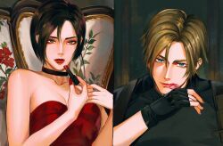 1boy 1girl ada_wong bare_shoulders black_choker black_gloves black_hair black_shirt blonde_hair blue_eyes breasts brown_eyes choker cleavage closed_mouth collarbone commentary cosmetics covered_collarbone dress english_commentary fingerless_gloves gloves hair_between_eyes hands_up hashtag-only_commentary henoopd highres holding holding_lipstick_tube leon_s._kennedy lipstick_mark lipstick_mark_on_face lipstick_tube looking_at_viewer parted_lips red_dress red_lips red_nails resident_evil resident_evil_4 resident_evil_4_(remake) shirt short_hair small_breasts strapless strapless_dress upper_body