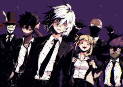 1girl 5boys :d anoko_(darenokoanoko) arm_up arms_behind_head arms_up bags_under_eyes belt belt_buckle black_belt black_gloves black_hair black_hat black_jacket black_mask black_necktie black_pants black_suit blonde_hair blue_eyes blunt_bangs boku_no_hero_academia breasts bubaigawara_jin buckle burn_scar buttons collared_shirt commentary_request covered_face cowboy_shot dabi_(boku_no_hero_academia) double-breasted double-parted_bangs double_bun dress_pants dress_shirt dutch_angle eye_mask formal_clothes gloves green_scales grin hair_between_eyes hair_bun hair_slicked_back hand_in_own_hair hand_on_headwear hat hat_feather hat_tip highres jacket lapels light_particles long_sleeves looking_at_another looking_at_viewer looking_to_the_side mask masked messy_hair mr._compress multiple_boys multiple_scars necktie notched_lapels open_clothes open_collar open_jacket open_mouth pants parted_lips pointing pointing_at_self purple_background purple_hair red_eyes red_gloves reptile_boy scar scar_across_eye scar_on_arm scar_on_face scar_on_mouth scar_on_neck shigaraki_tomura shirt shirt_tucked_in short_hair short_hair_with_long_locks sidelocks simple_background small_breasts smile spiked_hair spinner_(boku_no_hero_academia) stitched_face stitches suit suit_jacket teeth toga_himiko top_hat white_hair white_mask white_shirt wing_collar yellow_eyes