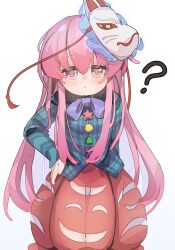 1girl ? absurdres black_panties bow bowtie bubble_skirt fox_mask green_shirt gumingdi_ban hand_on_own_hip hata_no_kokoro highres long_hair long_sleeves looking_at_viewer mask mask_on_head panties pink_eyes pink_hair plaid_clothes plaid_shirt purple_bow purple_bowtie see-through_clothes see-through_skirt shirt simple_background skirt solo string touhou underwear very_long_hair white_background
