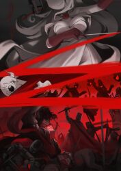 6+boys 6+girls amor banner battle blood borrowed_character coin colored_skin commentary corpse crown decapitation english_commentary goddess_of_war_(porforever) highres horse multicolored_skin multiple_boys multiple_girls original red_skin red_theme severed_head shield smile the_kite two-tone_skin war white_hair white_skin