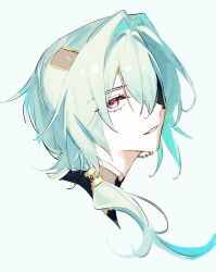 100513myul 1boy anaxa_(honkai:_star_rail) aqua_hair black_collar blue_eyes chain collar grin hair_between_eyes highres honkai:_star_rail honkai_(series) male_focus medium_hair multicolored_eyes one_eye_covered pink_eyes pink_pupils simple_background smile solo teeth two-tone_eyes upper_body white_background
