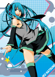 1girl aqua_eyes aqua_hair ask02 detached_sleeves female_focus hatsune_miku headphones highres long_hair looking_back necktie open_mouth skirt smile solo thighhighs twintails very_long_hair vocaloid zettai_ryouiki