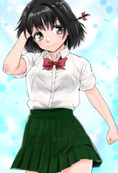 Rule 34 | 1girl, alternate costume, black hair, bow, bowtie, breasts, brown eyes, collared shirt, green skirt, haguro (kancolle), highres, kantai collection, medium breasts, miniskirt, nekotarou (nktr299), plaid clothes, plaid skirt, pleated skirt, red bow, red bowtie, shirt, short hair, short sleeves, skirt, solo, white shirt