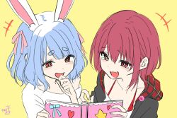 Rule 34 | +++, 2girls, :d, animal ear fluff, animal ears, black jacket, blue hair, blush, brown background, brown eyes, collarbone, commentary request, fang, hair between eyes, hair ribbon, heterochromia, highres, holding, hololive, hood, hood down, hooded jacket, houshou marine, jacket, kiritoma, multiple girls, open mouth, pink ribbon, rabbit-shaped pupils, rabbit ears, red eyes, red hair, ribbon, shirt, short eyebrows, simple background, smile, symbol-shaped pupils, tears, thick eyebrows, upper body, usada pekora, virtual youtuber, white shirt