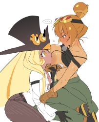 ... 2girls @_@ annoyed areola_slip arm_under_breasts bare_arms bare_shoulders black_bra black_gloves black_hat black_shoes black_tank_top blonde_hair blush bra bra_lift breast_sucking breasts brown_eyes brown_gloves brown_hair brown_pants clothes_lift cookie_run cookie_run:_ovenbreak cowboy_shot croissant_cookie curly_sidelocks dark-skinned_female dark_skin dual_persona embarrassed eye_contact face-to-face food-themed_hair foot_out_of_frame from_side full-face_blush gloves goggles goggles_on_head goggles_on_headwear green_pants hair_bun hat highres humanization juliet_sleeves large_breasts long_hair long_sleeves looking_at_another multicolored_hair multiple_girls ohta_guk_hip orange_eyes orange_hair pants pinstripe_pants pinstripe_pattern profile protected_link puffy_sleeves selfcest shirt shirt_lift shoes short_hair simple_background single_hair_bun sitting spoken_ellipsis streaked_hair sweat tank_top timekeeper_cookie top_hat two-tone_hair underwear very_long_hair white_background white_shirt yuri
