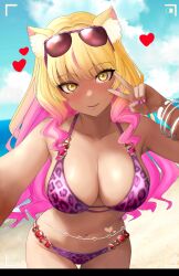 1girl animal_ears animal_print bare_shoulders beach belly_chain bikini blonde_hair blue_sky blush bracelet breasts cleavage closed_mouth collarbone dark-skinned_female dark_skin eyewear_on_head fate/grand_order fate_(series) fox_ears fox_girl gradient_hair heart highres jewelry large_breasts leopard_print long_hair looking_at_viewer multicolored_hair navel pink_bikini pink_hair raskasar shore sidelocks sky smile solo sunglasses suzuka_gozen_(fate) suzuka_gozen_(swimsuit_rider)_(fate) suzuka_gozen_(swimsuit_rider)_(second_ascension)_(fate) swimsuit tan yellow_eyes