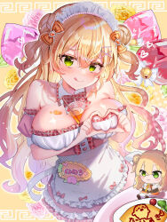 1girl apron bare_shoulders beads bell bow bowtie breasts broccoli buttons checkered_bow checkered_clothes cherry_tomato chibi commentary_request cowboy_shot cup double-parted_bangs double_bun drinking_glass flower food frilled_apron frills fruit green_eyes hair_bun hair_ornament hairclip heart heart-shaped_boob_challenge heart_button heart_hands highres hololive ketchup large_breasts long_hair looking_at_viewer maid maid_headdress moe_moe_kyun! momosuzu_nene multicolored_hair omelet orange_bow peach shiori_(gotoo0226) side_up_bun skirt smile soda solo tomato tongue tongue_out virtual_youtuber yellow_background