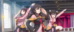 Rule 34 | 3girls, :d, \o/, arm up, arms up, arue (konosuba), auditorium, black robe, blunt bangs, bow, breasts, brown hair, chuunibyou, clenched hand, closed mouth, clothes around waist, collared dress, diagonal-striped clothes, diagonal-striped necktie, dodonko (konosuba), dress, drill hair, drill sidelocks, eyepatch, funifura, game cg, hair between eyes, hair bow, hair ornament, hand on own hip, hand over eye, hand up, highres, indoors, kono subarashii sekai ni shukufuku wo!, konosuba! fantastic days, large bow, large breasts, leg up, light rays, long hair, long sleeves, multiple girls, necktie, off shoulder, official alternate costume, official art, open mouth, orange necktie, outstretched arms, pink dress, ponytail, purple bow, red bow, red eyes, red necktie, red prison magic school uniform, robe, school uniform, short dress, sidelocks, smile, standing, standing on one leg, striped clothes, sunbeam, sunlight, twintails, two-tone necktie, v-shaped eyebrows, white bow, window, x hair ornament