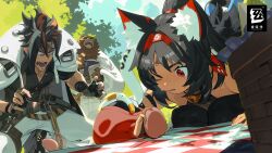 1girl 2boys animal_ears anton_ivanov bad_link bare_shoulders bell ben_bigger black_hair black_shirt black_thighhighs book cat_ears cat_girl cat_tail copyright_logo dark-skinned_female dark_skin egg fingerless_gloves flustered gloves headband highres holding holding_book holding_egg holding_pen jacket kneeling multicolored_hair multiple_boys nekomiya_mana official_art one_eye_closed open_book open_mouth outdoors pen red_eyes shirt tail teeth thighhighs white_jacket zenless_zone_zero