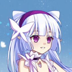 Rule 34 | 1girl, bare shoulders, blue background, blue eyeshadow, bug, butterfly, cone hair bun, eyeshadow, hair bun, hair ornament, hairband, hand up, insect, lina (roco kingdom), long hair, lowres, makeup, parted lips, pink eyes, pointy ears, purple eyes, rexinshimin cistus, roco kingdom, sleeveless, smile, solo, upper body, white hair