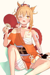 1girl blonde_hair breasts cleavage fan genshin_impact highres medium_breasts ponytail sitting solo sweat tattoo yoimiya_(genshin_impact)