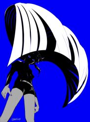 Rule 34 | &lt;o&gt; &lt;o&gt;, 1other, arms at sides, belt, blue eyes, blue nails, commentary request, cowboy shot, floating hair, formal clothes, from below, gem uniform (houseki no kuni), hair flowing over, highres, houseki no kuni, lapis lazuli (houseki no kuni), long hair, looking at viewer, mt5 014, other focus, shaded face, short shorts, shorts, simple background, solo, standing, straight hair, suit, twitter username, very long hair