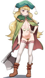 1girl absurdres axe blonde_hair boots breasts cloak commission commissioner_upload cosplay eitri_(fire_emblem) fire_emblem fire_emblem_heroes green_cloak green_hat hand_on_own_hip hat highres kuroinu_~kedakaki_seijo_wa_hakudaku_ni_somaru~ looking_at_viewer maebari medium_breasts nintendo non-web_source red_eyes revealing_clothes ruu_ruu ruu_ruu_(cosplay) seductive_smile smile solo standing thighhighs underboob weapon white_thighhighs zd_(pixiv6210083)
