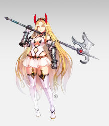 1girl blonde_hair breasts brown_eyes closed_mouth clothing_cutout criss-cross_halter dress female_focus gauntlets halberd halterneck holding holding_weapon horns long_hair looking_at_viewer medium_breasts navel navel_cutout original parted_bangs polearm solo standing thighhighs very_long_hair weapon white_dress white_thighhighs wookyung