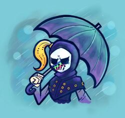 1boy blackmore blonde_hair blue_background blue_capelet blue_umbrella capelet catch_the_rainbow chibi cropped_torso grey_sleeves hagukko0635 high_ponytail holding holding_umbrella hood hood_up jojo_no_kimyou_na_bouken long_hair male_focus mask mask_on_head ponytail rain rainbow_print solo stand_(jojo) steel_ball_run umbrella white_mask