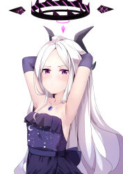 1girl alternate_hairstyle armpits arms_up black_gloves black_halo blue_archive breasts closed_mouth collarbone detached_sleeves dress elbow_gloves forehead gloves hair_down halo highres hina_(blue_archive) hina_(dress)_(blue_archive) jewelry long_hair long_sleeves looking_at_viewer necklace official_alternate_costume pink_eyes purple_dress simple_background small_breasts solo sorbitol strapless strapless_dress very_long_hair white_background white_hair