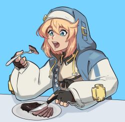 1boy androgyne_symbol aqua_eyes black_gloves blonde_hair blue_background bridget_(guilty_gear) eating fingerless_gloves fork gloves guilty_gear guilty_gear_strive habit holding holding_fork holding_knife hood hood_up hooded_jacket hoodie jacket knife long_sleeves looking_to_the_side male_focus medium_hair open_clothes open_hoodie open_mouth plate puffy_long_sleeves puffy_sleeves sliced_meat smgold trap