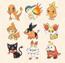 0_0 animal_focus aqua_eyes bird black_fur cat charmander chimchar closed_eyes colored_skin commentary_request creatures_(company) crocodilian cyndaquil fangs fennekin fire fuecoco game_freak gen_1_pokemon gen_2_pokemon gen_3_pokemon gen_4_pokemon gen_5_pokemon gen_6_pokemon gen_7_pokemon gen_8_pokemon highres litten metikyun monkey nintendo open_mouth orange_eyes orange_fur orange_skin pig pokemon pokemon_(creature) rabbit scorbunny simple_background smile snout tail tepig torchic trait_connection white_background