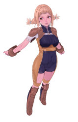1girl blonde_hair boots braid breasts brown_boots brown_eyes closed_mouth conto final_fantasy final_fantasy_xii full_body highres lips looking_to_the_side medium_breasts penelo simple_background smile solo standing twin_braids white_background